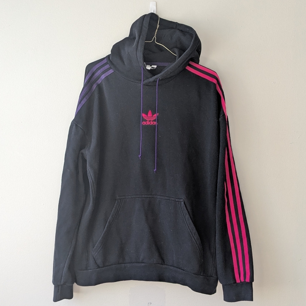 adidas Black Pullover Hoodie Neon Pink And Purple Stripes Women's Size Medium M